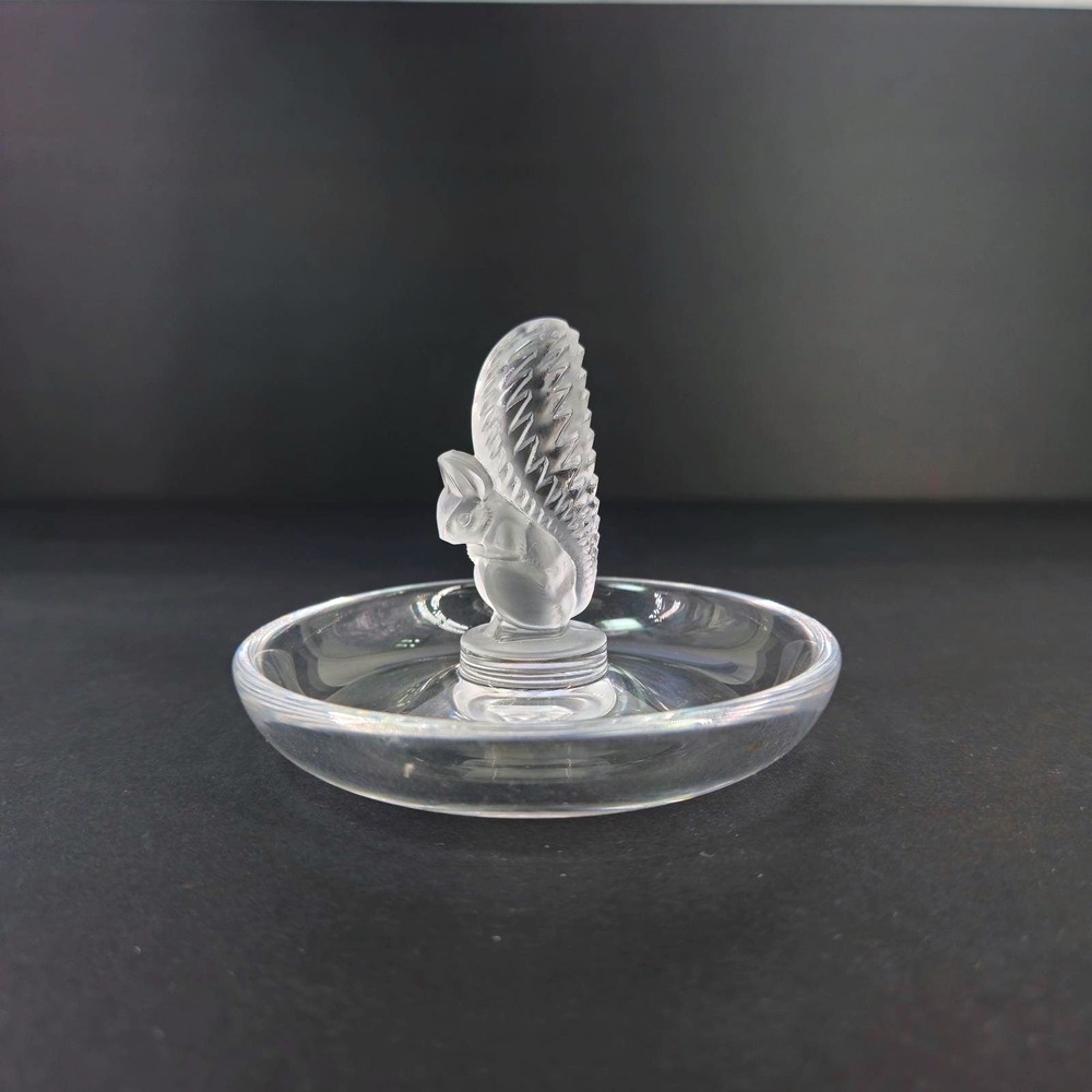 Lalique Crystal Ecureuil Squirrel Ring Holder Trinket Dish Clear Frosted‎ Signed